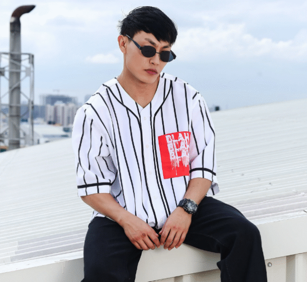 Men Stripe Printed White Classic Oversized Fit Baseball Shirt